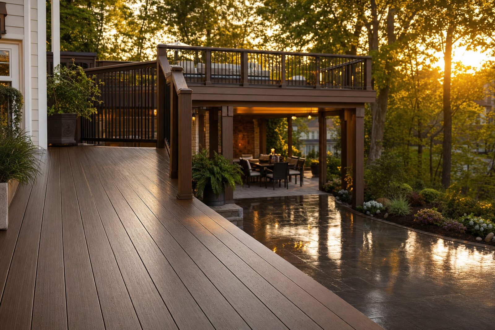A finished cellular PVC deck at golden hour with a completely dry, furnished living space underneath after a rain