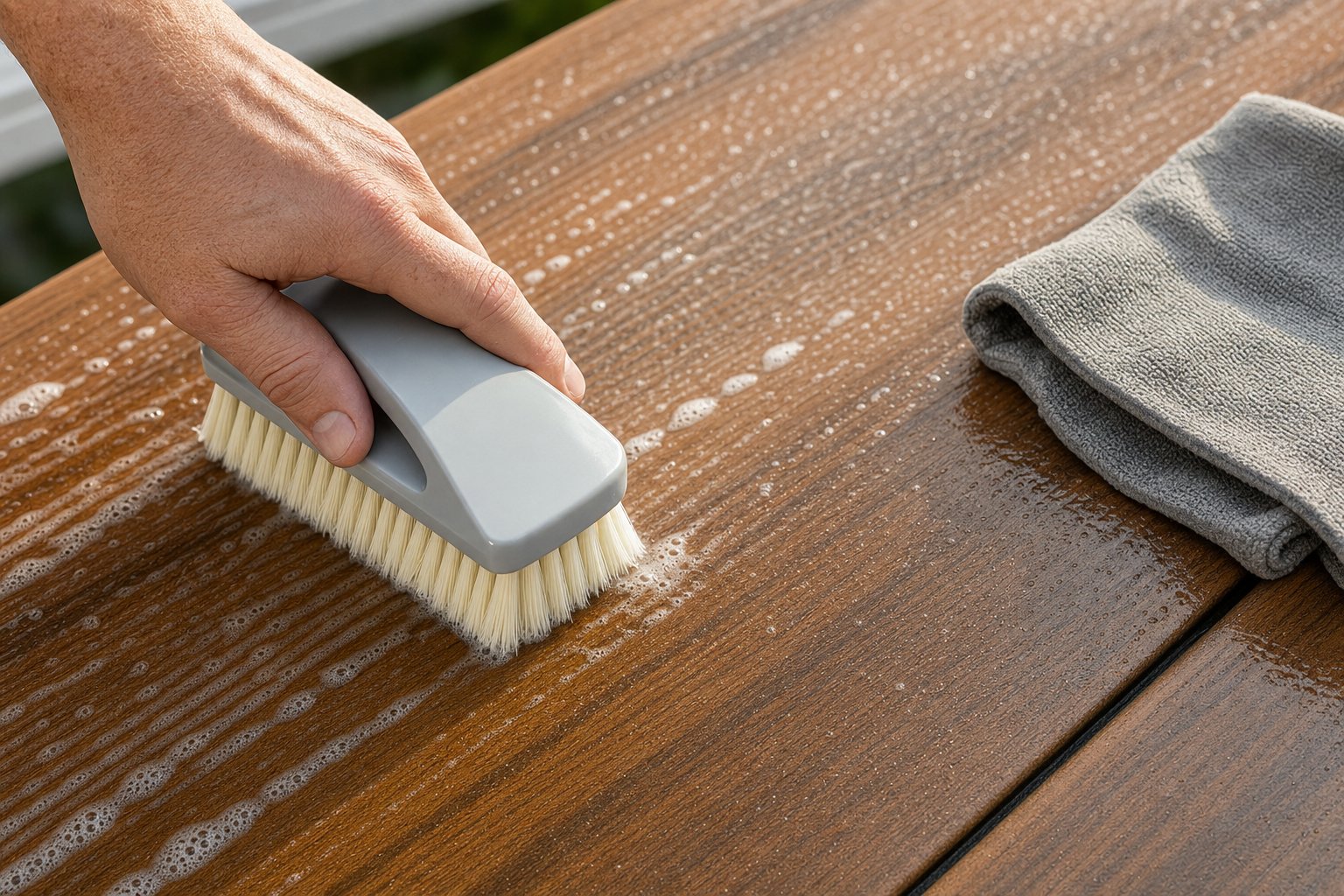 Close-up of a soft-bristle brush scrubbing soap suds along the wood-grain of an AmeriDex PVC deck board