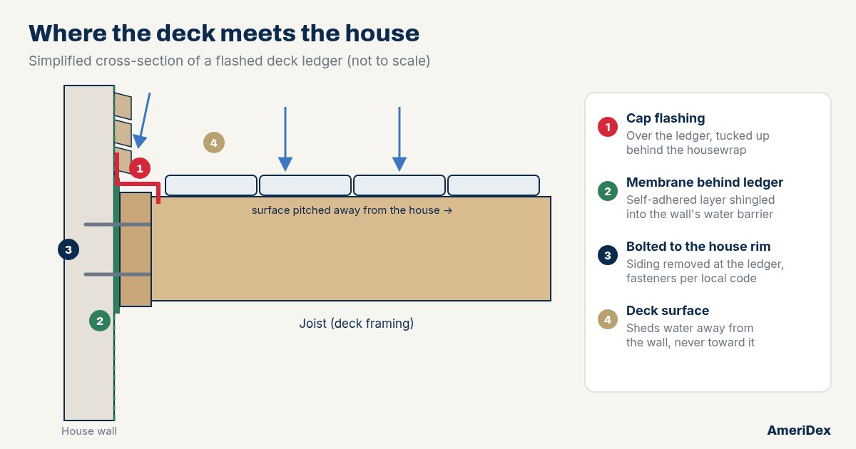 Diagram of a flashed deck ledger: cap flashing over the ledger tucked behind the housewrap, a membrane behind the ledger, bolts into the house rim, and a deck surface pitched away from the wall