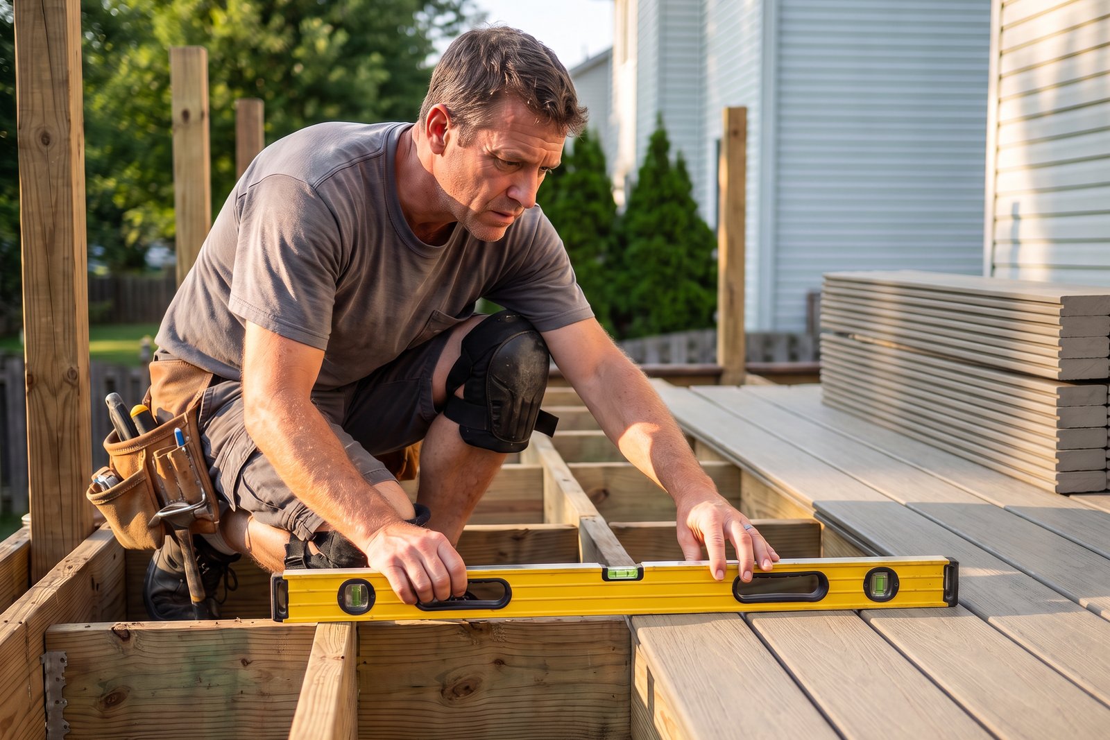 Contractor checking the pitch of existing deck joists with a level during a re-deck, with new AmeriDex cellular PVC deck boards stacked and partly installed alongside