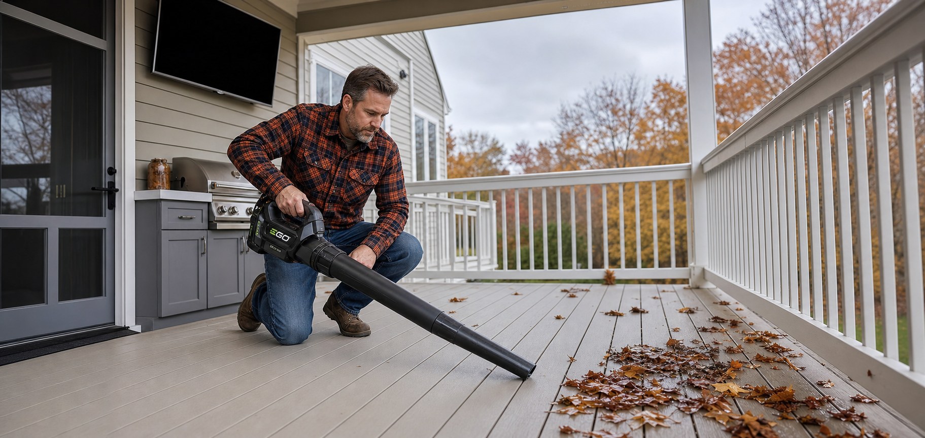 Homeowner clearing wet fall leaves off deck boards with a leaf blower before winter