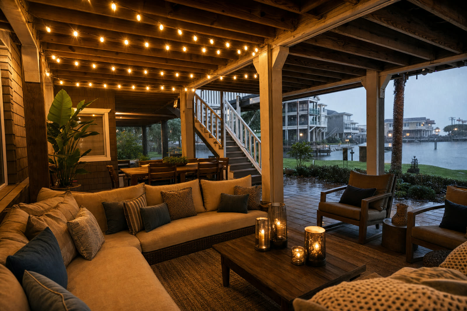 A dry, furnished living space under a raised shore deck staying dry while it rains outside