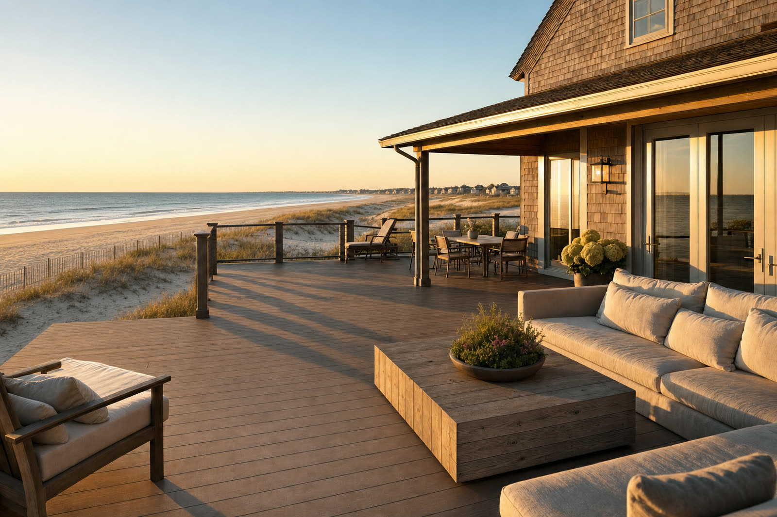 A modern cellular PVC deck overlooking the bay at a New Jersey shore home at golden hour