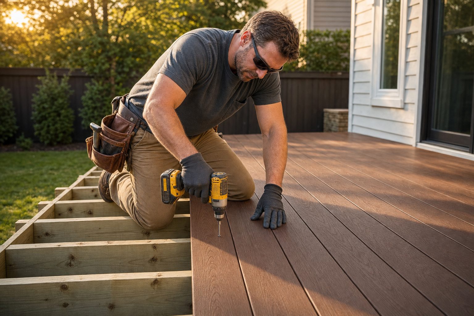 A professional deck builder fastening a chestnut cellular PVC deck board on an AmeriDex install