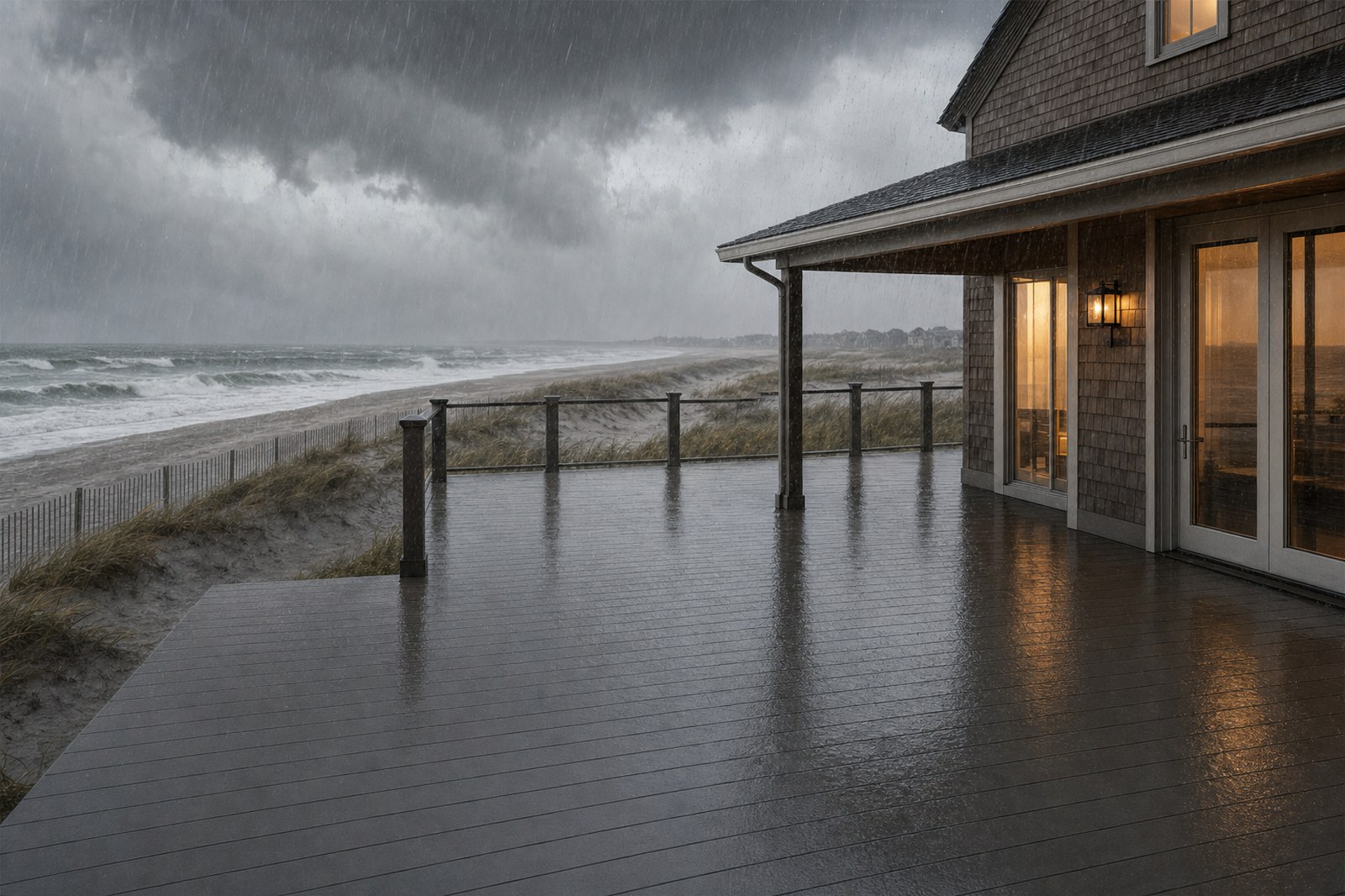 Wind-driven rain sheeting across a cellular PVC deck at a New Jersey shore home during a coastal storm
