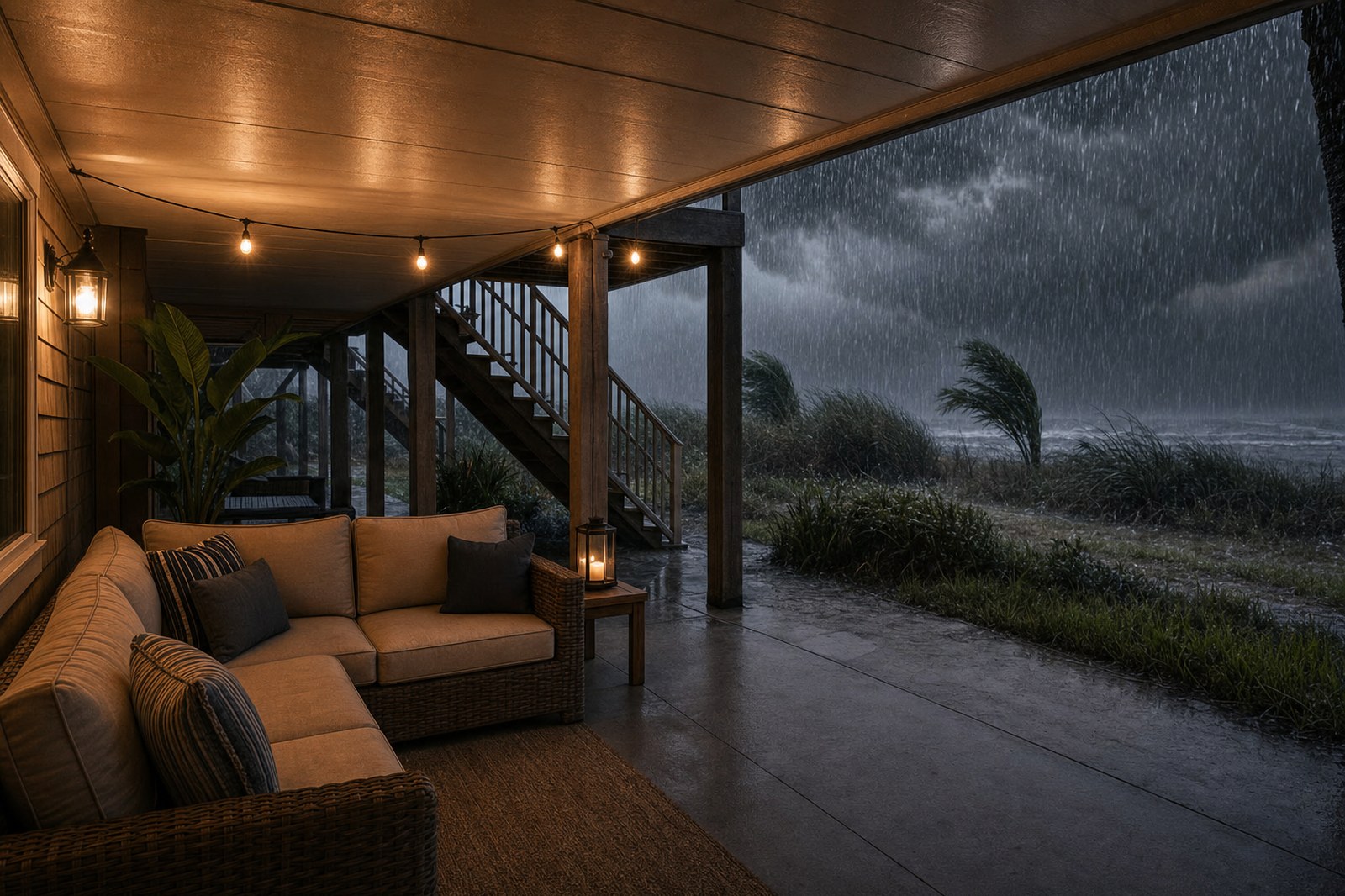 A warm, dry furnished living space under a raised deck while a heavy coastal storm pours down just beyond the edge