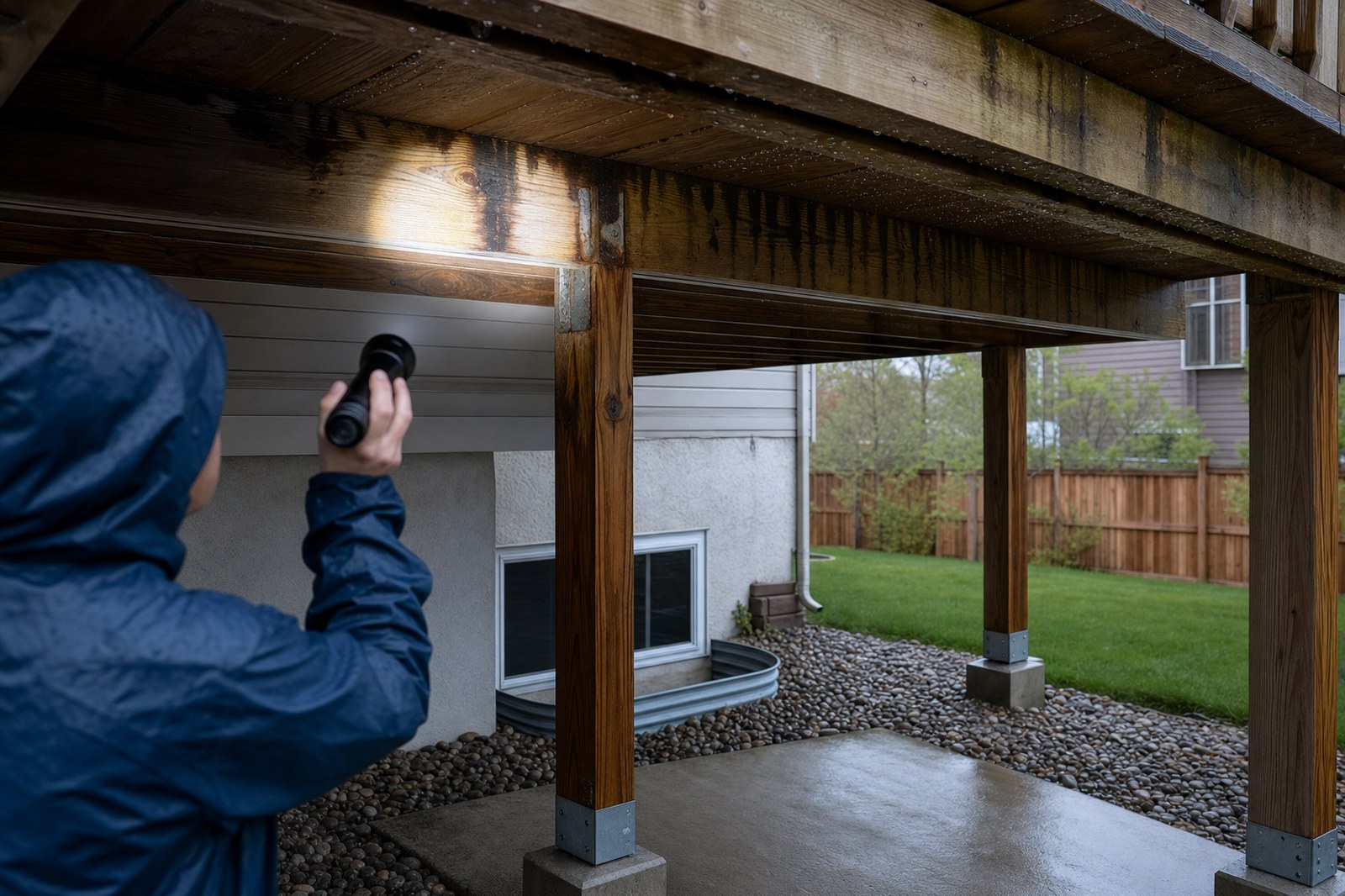 A homeowner with a flashlight inspecting water-stained joists and beams under a raised backyard deck after a storm