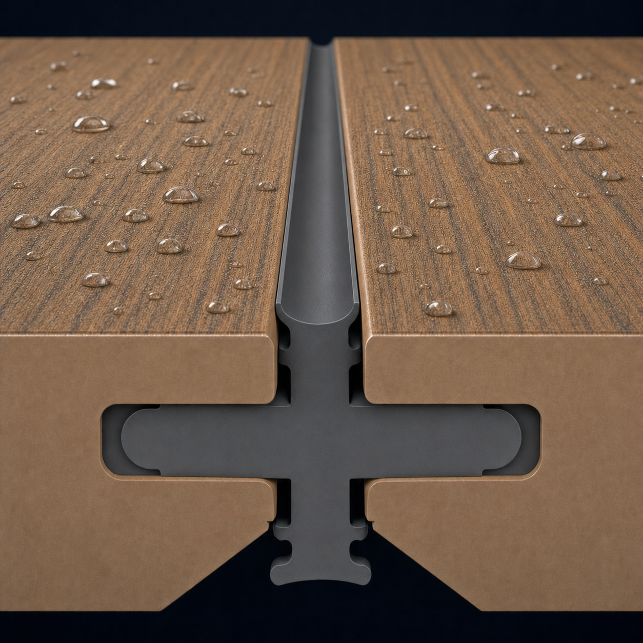 AmeriDex cellular PVC deck boards locking onto the patented Dexerdry seal, the integrated joint that diverts water above the joists