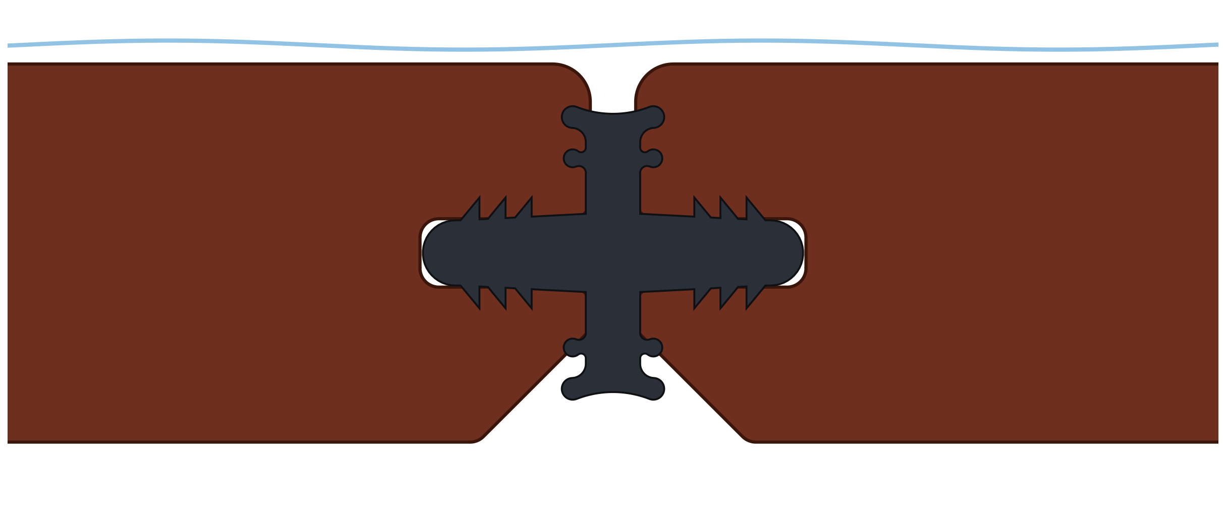 Cross-section of the AmeriDex board and Dexerdry seal assembly: two cellular PVC deck boards with a Dexerdry TPE seal compression-fitted between them, V-shaped drainage gap below