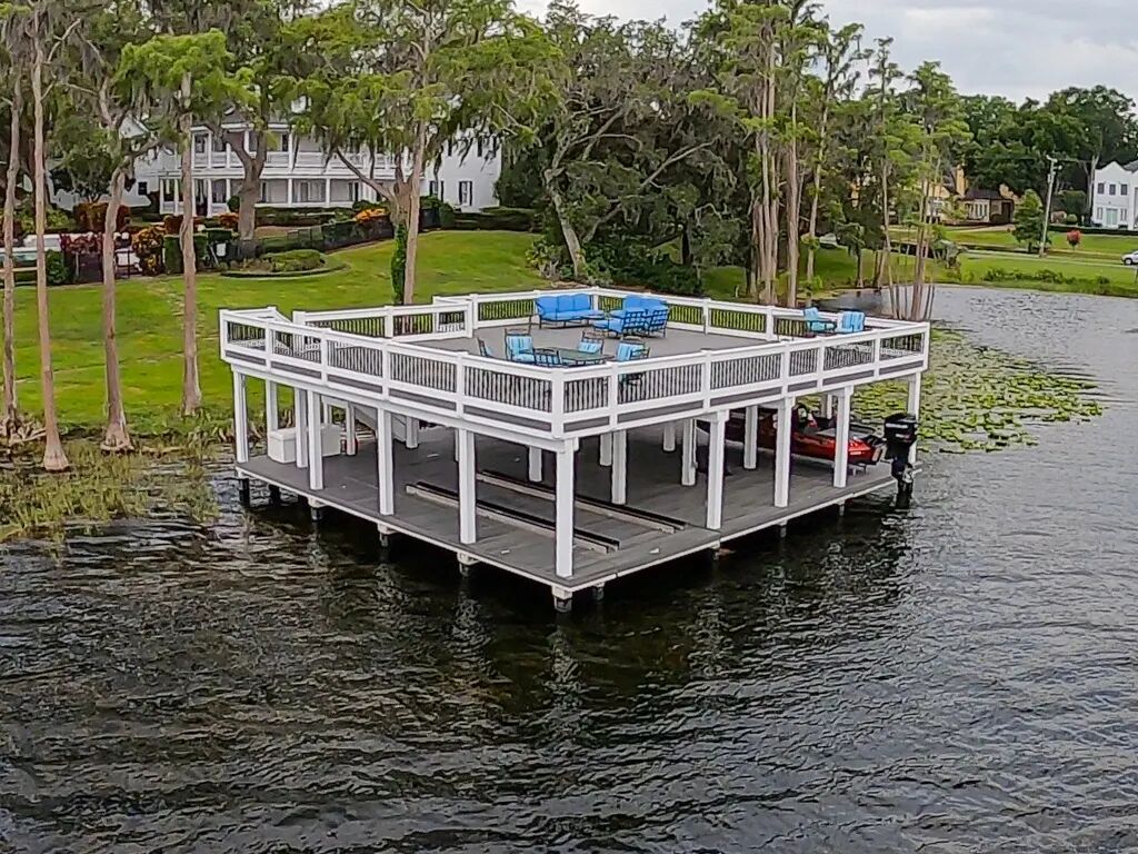 Aerial view of an AmeriDex elevated lakeside deck