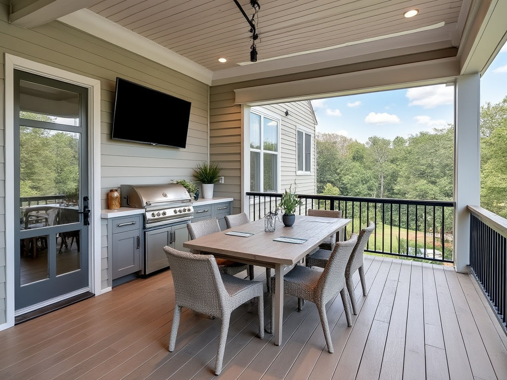 Finished, dry outdoor kitchen and dining area under an AmeriDex deck