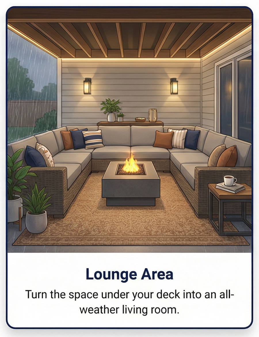 Lounge Area: turn the space under your deck into an all-weather living room