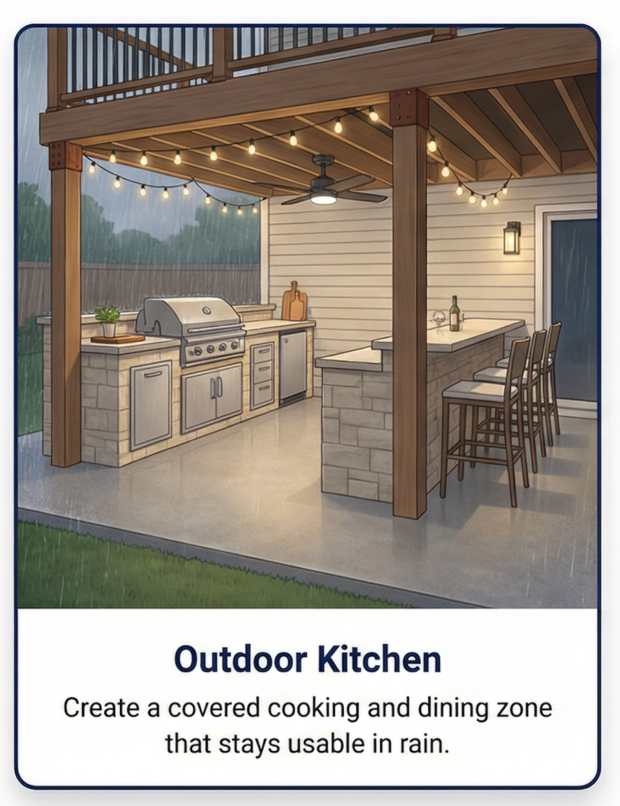 Outdoor Kitchen: covered cooking and dining zone that stays usable in rain