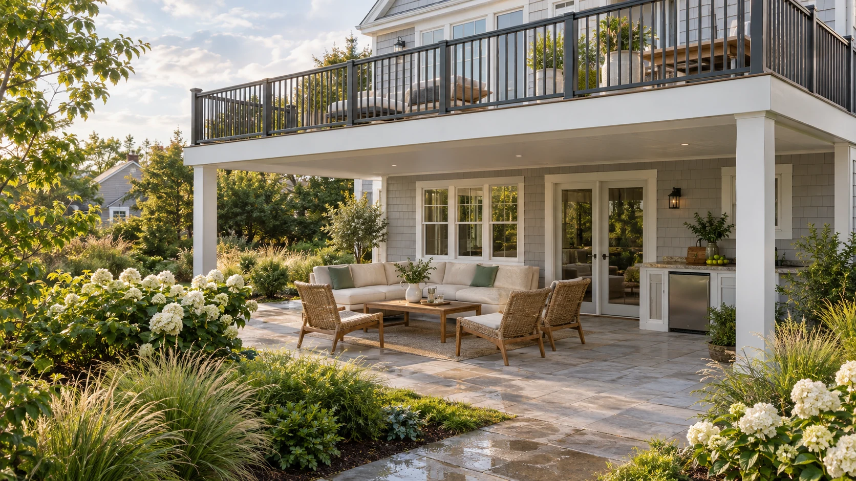 Lifestyle illustration of a coastal home with an elevated deck above a furnished patio lounge and landscaped garden